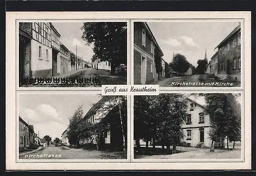 AK Krautheim, Kirchstrasse mit Kirche, Gebäudeansicht, Strassenpartie mit Fachwerkhaus