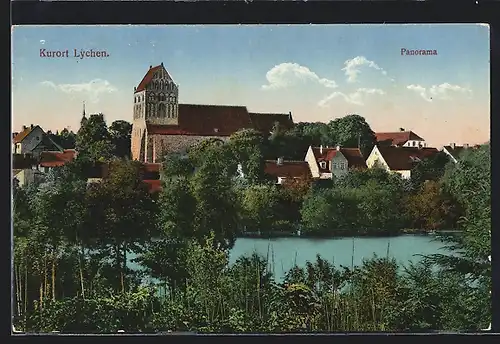 AK Lychen, Panorama mit Wasser und Johannis-Kirche