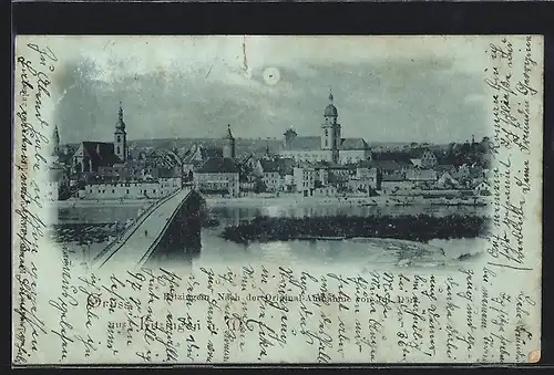 Mondschein-AK Kitzingen, Teilansicht mit Brücke aus der Vogelschau