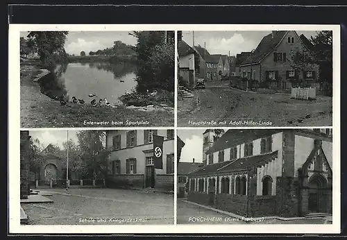 AK Forchheim /Kr. Freiburg, Schule mit  und Kriegerdenkmal, Hauptstrasse mit Linde