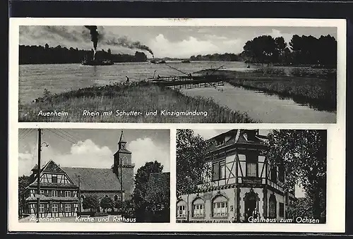 AK Auenheim, Gasthaus zum Ochsen J. Honauer, Kirche und Rathaus