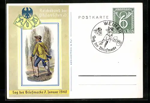 Künstler-AK Reichsbund der Philatelisten, Tag der Briefmarke 1940, Briefträger, Ganzsache