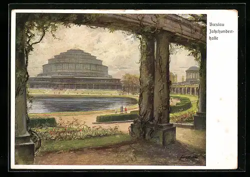 Künstler-AK Breslau, 12. Deutsches Sängerbundesfest 1937, Blick zur Jahrhunderthalle, Sängerfest, Ganzsache