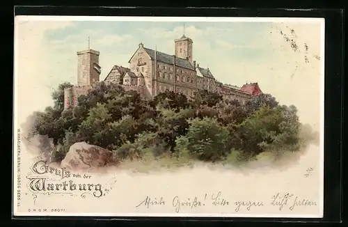 Lithographie Wartburg, Anblick des Schlosses, Halt gegen das Licht