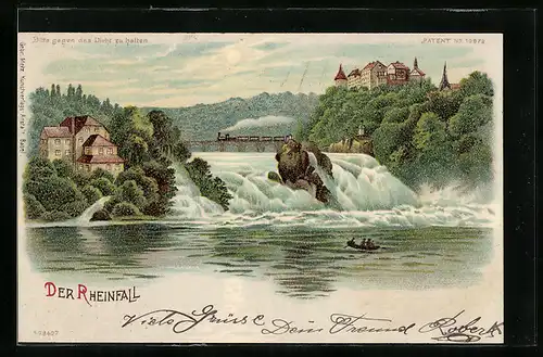 Lithographie Rheinfall mit Gebäuden, Brücke und Eisenbahn, Vollmond, Halt gegen das Licht