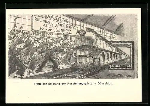 Künstler-AK Düsseldorf, Rheinische Briefmarken-Ausstellung 1936, Zeppelin-Zug, Empfang der Ausstellungsgäste, Ganzsache