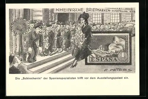 Künstler-AK Düsseldorf, Rheinische Briefmarken-Ausstellung 1936, Spanische Schirmherrin, Ganzsache