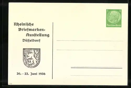 Künstler-AK Düsseldorf, Rheinische Briefmarken-Ausstellung 1936, Spanische Schirmherrin, Ganzsache