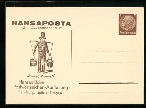 AK Hamburg, Hanseatische Postwertzeichen-Ausstellung, Hansaposta 1935, Hummel, Hummel!, Ganzsache