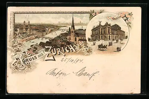 Vorläufer-Lithographie Zürich, 1894, Theater, Teilansicht mit Kirche
