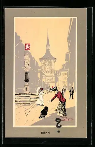 Künstler-AK Carlo Pellegrini: Bern, Strassenpartie mit Brunnen