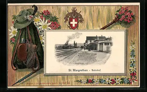 AK St. Margrethen, Am Bahnhof, Wanderausrüstung