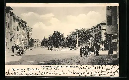 AK Winterthur, Kasernenstrasse mit Technikum, Denkmal, Passanten, Wagen