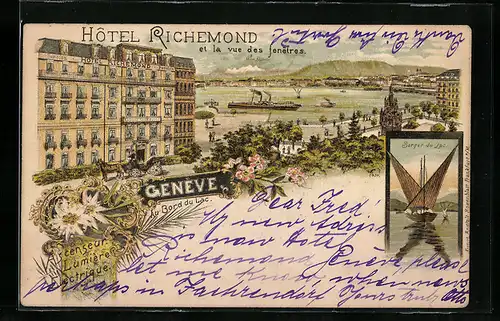Lithographie Genéve, Hotel Richemond aus der Vogelschau, Barque du Lac