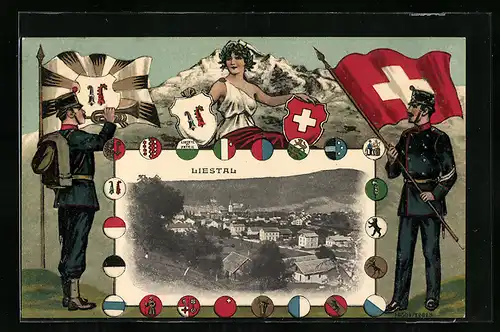 Passepartout-Lithographie Liestal, Ortsansicht aus der Vogelschau, Helvetia mit Wappen, Soldaten mit Fahnen