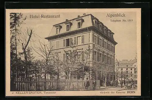 AK Bern, Hotel-Restaurant Alpenblick J. Keller-Sauter, Strassenansicht mit Automobil