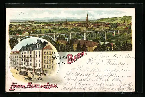 Lithographie Bern, Löwen Hotel du Lion, Gesamtansicht