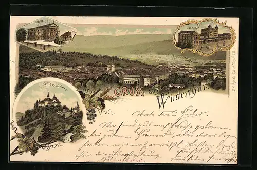 Lithographie Winterthur, Ortsansicht mit Umgebung, Bahnhof, Stadthaus und Schloss Kyburg