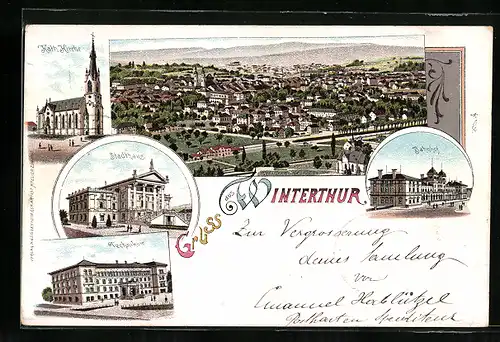 Lithographie Winterthur, Ortsansicht, Blick auf Kirche, Bahnhof, Stadthaus und Technikum