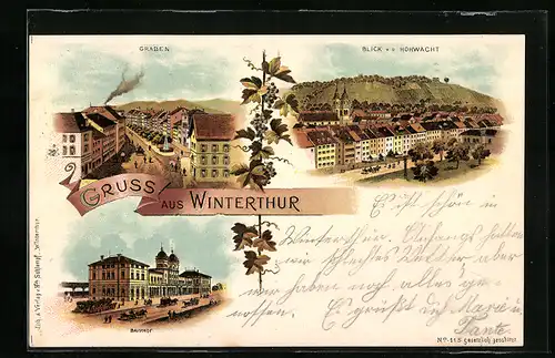 Lithographie Winterthur, Blick auf Graben und Bahnhof, Blick v. d. Hohwacht