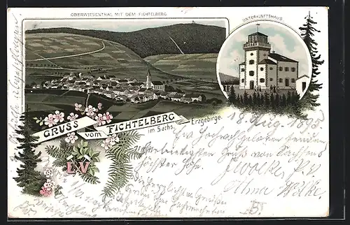 Vorläufer-Lithographie Oberwiesenthal, 1895, Unterkunftshaus auf dem Fichtelberg, Gesamtansicht mit Fichtelberg