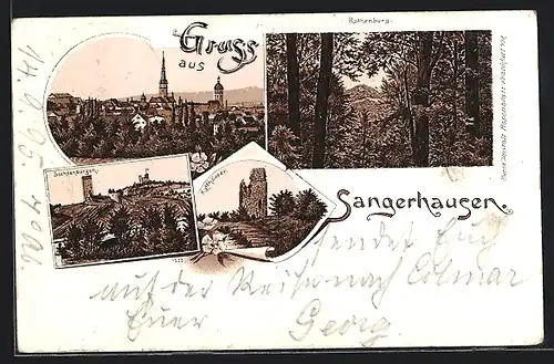 Vorläufer-Lithographie Sangerhausen, 1895, Sachsenburgen, Kyffhäuser, Teilansicht