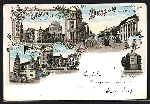 Lithographie Dessau, Lustgarten, Leopold Denkmal, Rathaus