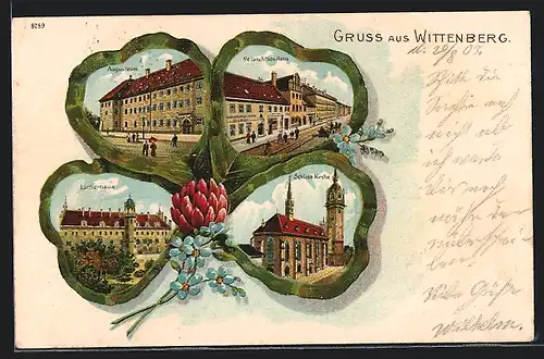 Passepartout-Lithographie Wittenberg, Melanchthon-Haus, Lutherhaus und Augusteum im Kleeblatt
