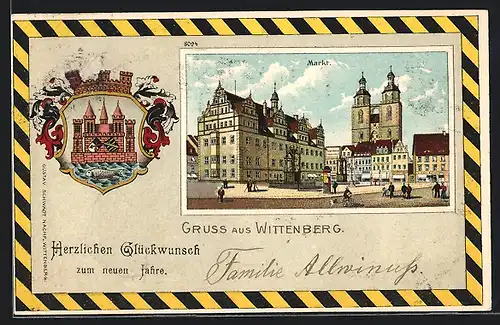 Passepartout-Lithographie Wittenberg, Markt mit Passanten, Wappen