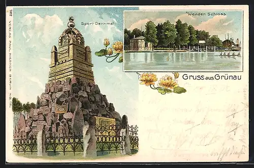 Lithographie Grünau, Sport-Denkmal, Wenden-Schloss vom Wasser aus