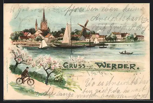 Lithographie Werder, Panorama während Baumblüte, Windmühle