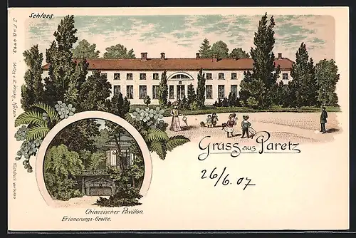 Lithographie Paretz, Schloss und Chinesischer Pavillon