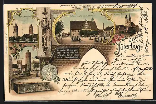 Lithographie Jüterbog, Rathaus mit Kriegerdenkmal, Nicolaikirche, Stadttürmchen