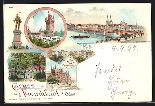 Lithographie Frankfurt a. Oder, Kleistturm, Wilhelmsplatz, Buschmühle