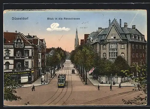 AK Düsseldorf, Blick in die Rossstrasse, mit Gasthaus Krone E. Mühlensiepen, Strassenbahn und Kirche