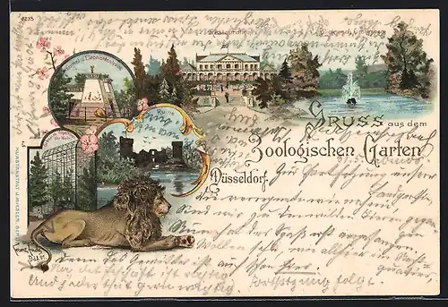 Lithographie Düsseldorf, Zoologischer Garten, Löwe, Vogelhaus, Kamel- und Elefantenhaus, Restaurant, Ruine