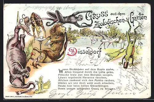 Lithographie Düsseldorf, Zoologischer Garten, Zootiere vor Panorama mit Rhein, Elefant beim Kopfstand, Löwe, Affe