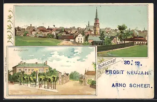 Lithographie Burgstädt, Amtsgericht und Gesamtansicht