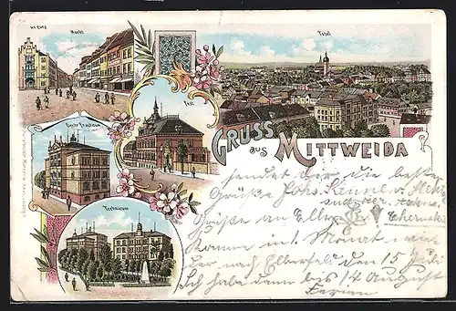 Lithographie Mittweida, Post, Markt, Elect. Practicum, Technicum, Ortsansicht mit Regenbogen