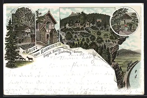 Lithographie Schellenberg /Sachsen, Gasthof und Kiosk auf dem Kunnerstein