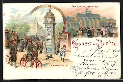 Lithographie Berlin-Tiergarten, Wettersäule Uraniasäule, Brandenburger Thor