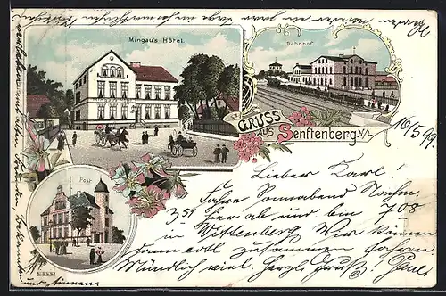 Lithographie Senftenberg /N.-L., Mingaus Hotel, Bahnhof und Post