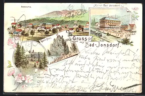 Lithographie Bad Jonsdorf, Hotel, Nonnenfelsen, Weisser Stein, Gesamtansicht
