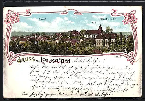 Lithographie Lodersleben, Ortsansicht mit Oberdorf, Kirche und Schloss Lodersleben