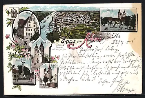 Lithographie Aken a. d. Elbe, Markt, Kriegerdenkmal und St. Nicolai-Kirche