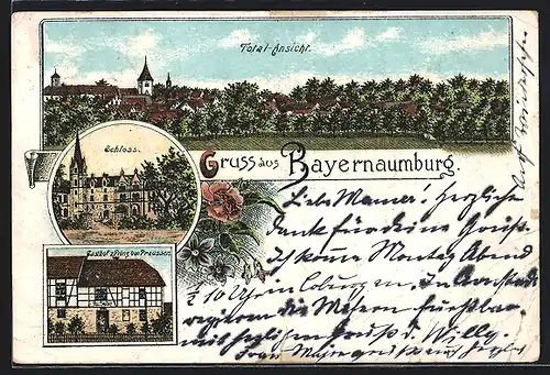 Lithographie Beyernaumburg, Gasthof z. Prinz von Preussen, Schloss, Totalansicht