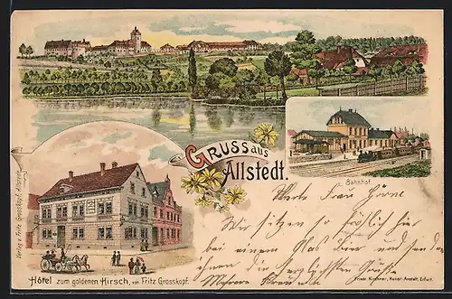 Lithographie Allstedt, Hotel zum goldenen Hirsch von Fritz Grosskopf, Bahnhof, Panorama