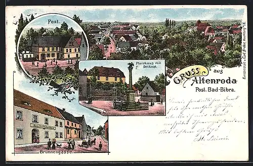 Lithographie Altenroda, Gasthof zum Deutschen Haus in der Brunnengasse, Pfarrhaus und Post