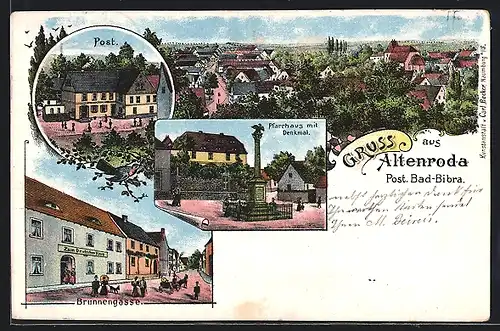 Lithographie Altenroda, Gasthof zum Deutschen Haus in der Brunnengasse, Pfarrhaus und Post