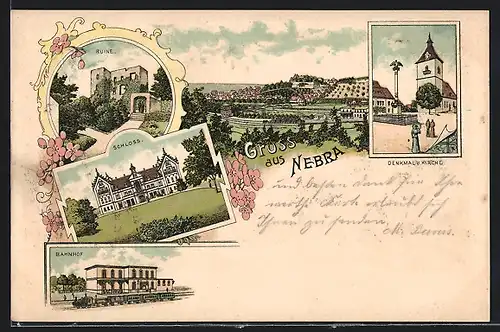 Lithographie Nebra, Bahnhof, Ruine, Denkmal und Kirche
